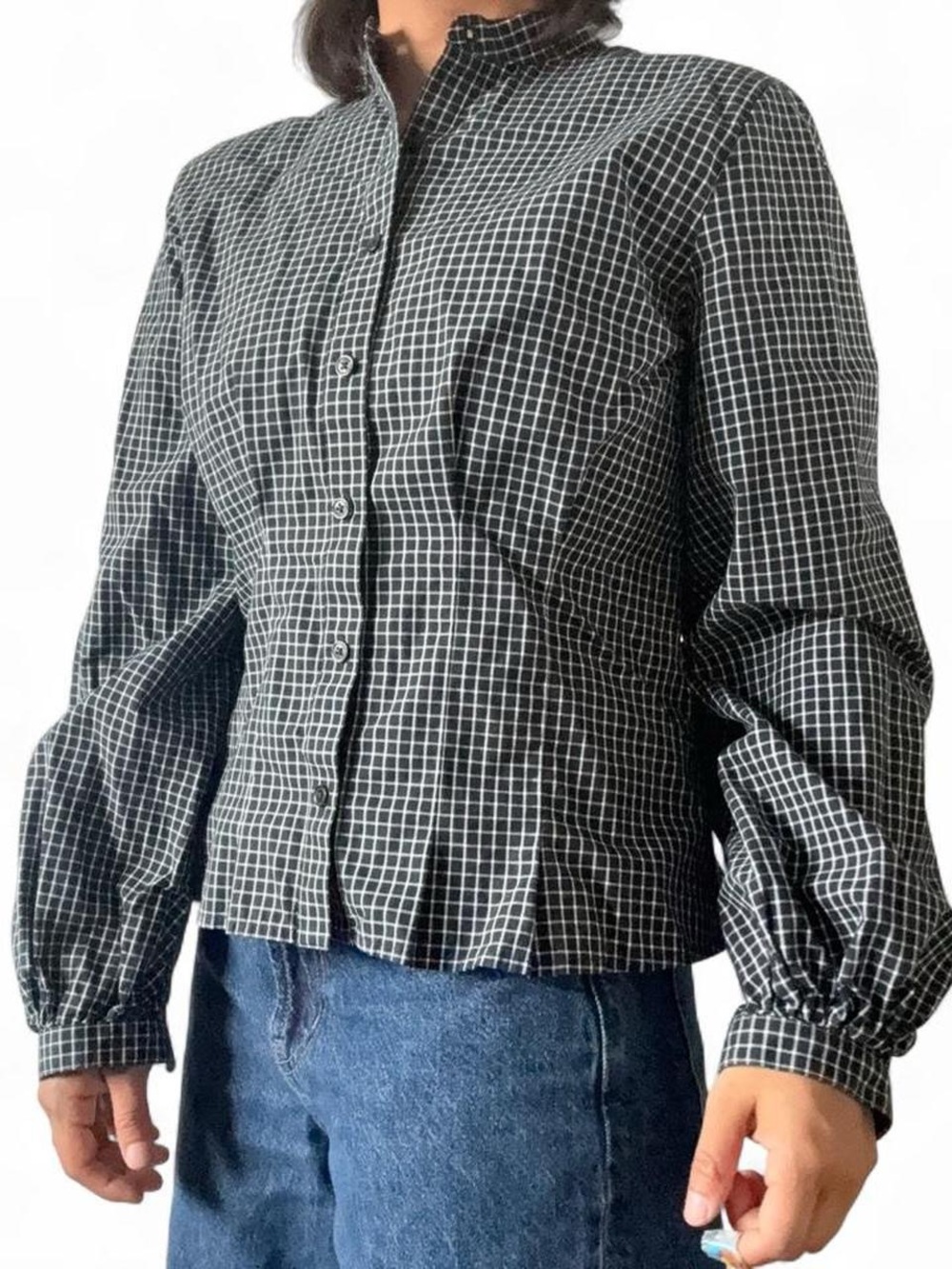 Women’s Ralph Lauren black and white checkered blouse with tie back detail